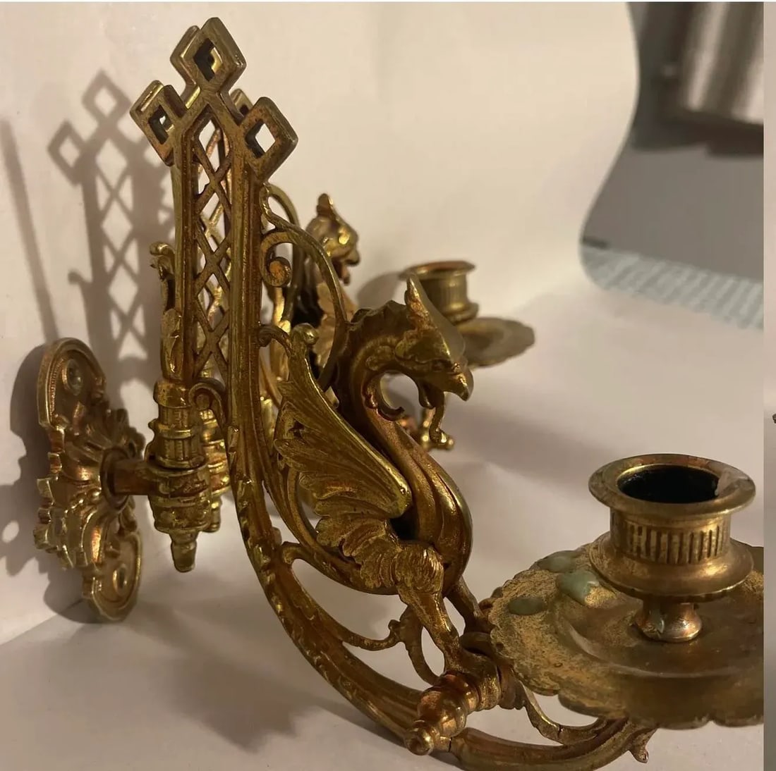 Antique Late 19th Century French Winged Griffin Double Light Wall Candelabra Sconce - 2