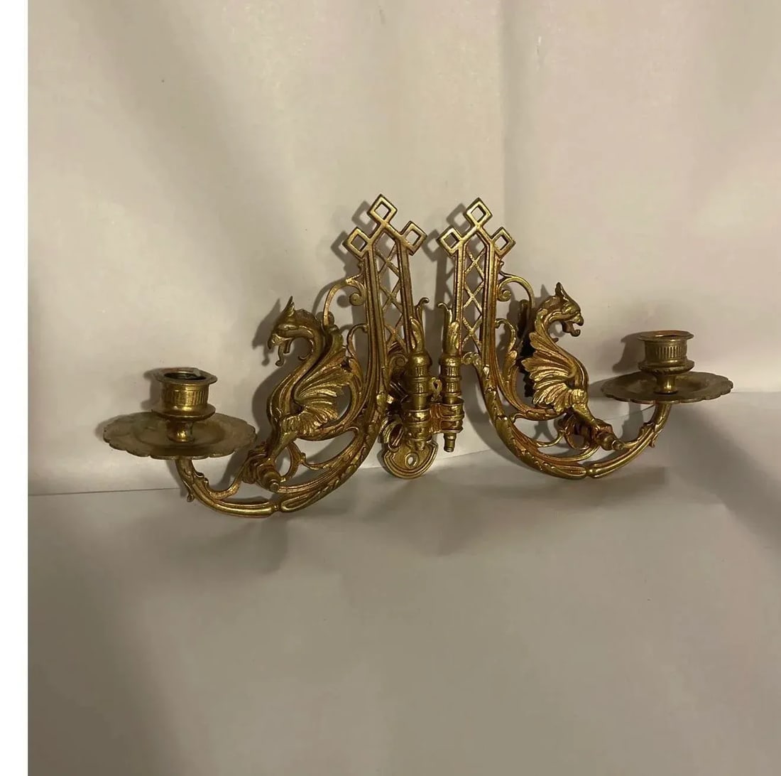 Antique Late 19th Century French Winged Griffin Double Light Wall Candelabra Sconce - 4