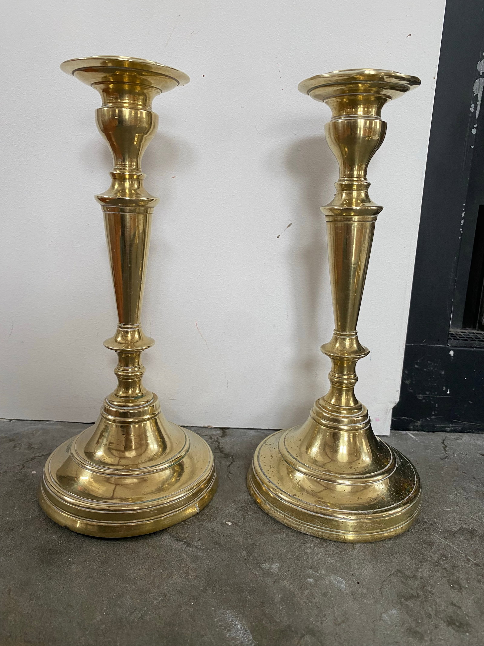 Pair French 19th Century Candlesticks Solid Brass Early Round Baluster Stems Candle Holders - 10