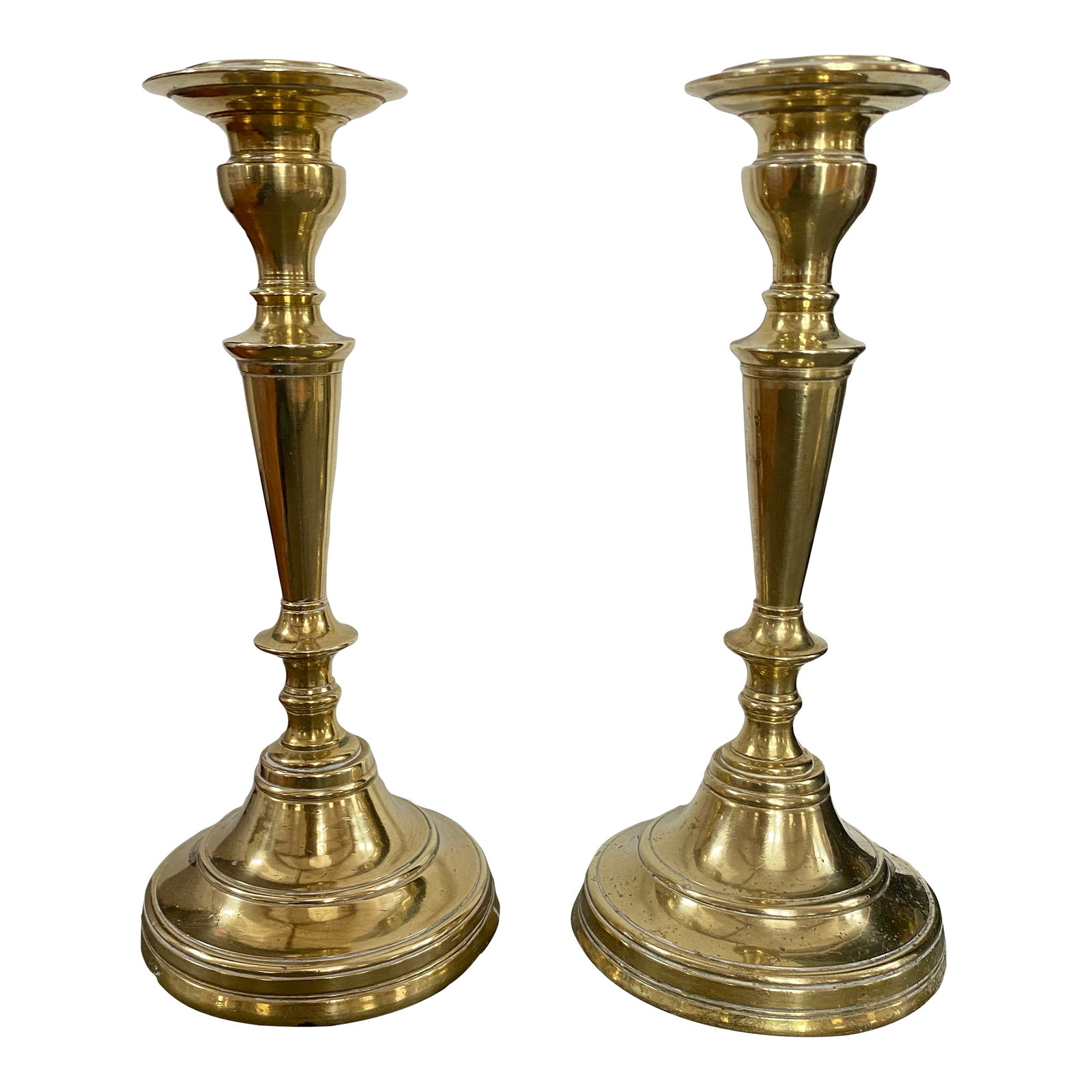 Pair French 19th Century Candlesticks Solid Brass Early Round Baluster Stems Candle Holders (1 of 10)