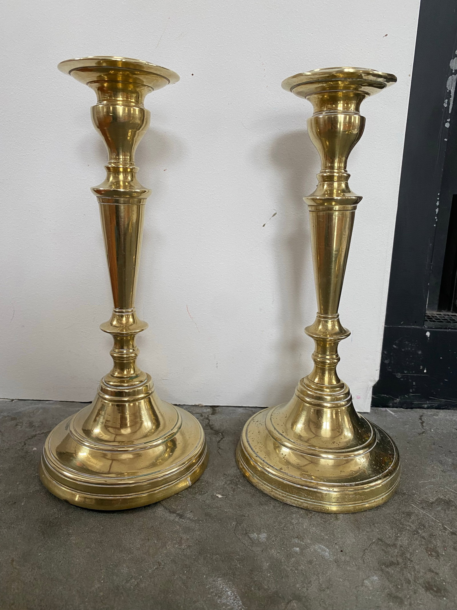 Pair French 19th Century Candlesticks Solid Brass Early Round Baluster Stems Candle Holders - 2