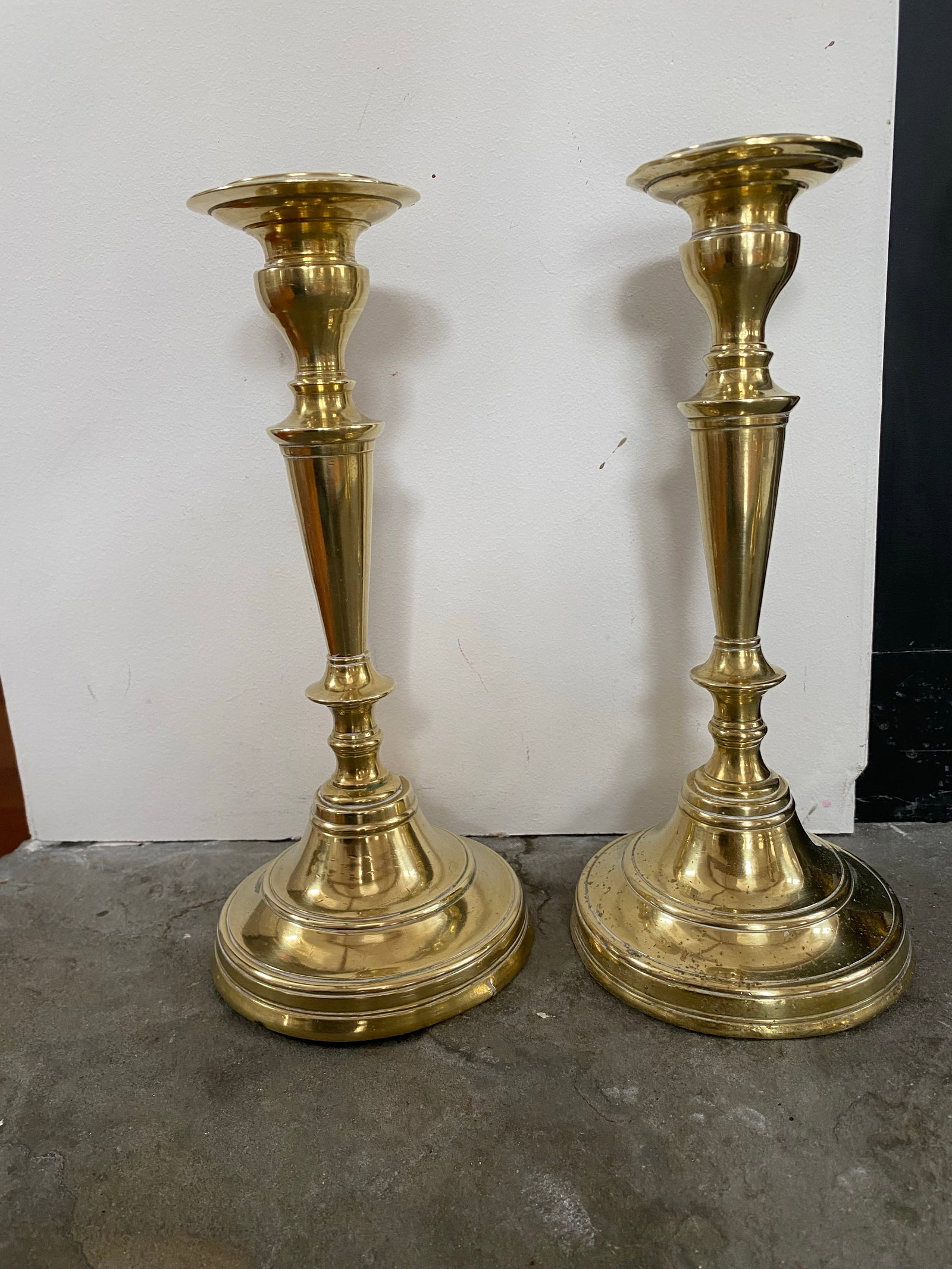 Pair French 19th Century Candlesticks Solid Brass Early Round Baluster Stems Candle Holders - 3