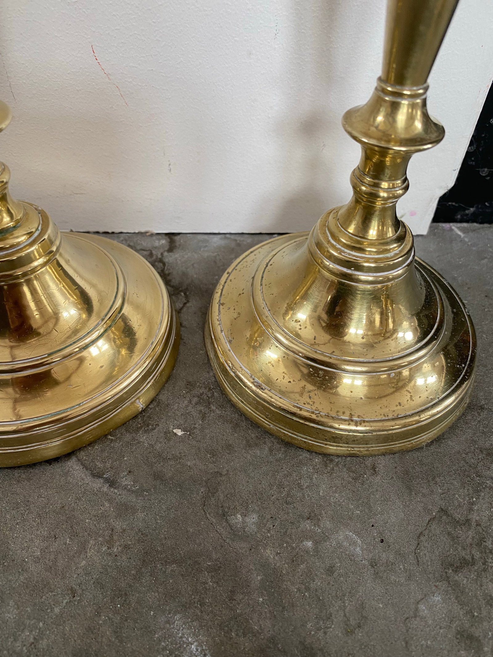 Pair French 19th Century Candlesticks Solid Brass Early Round Baluster Stems Candle Holders - 4