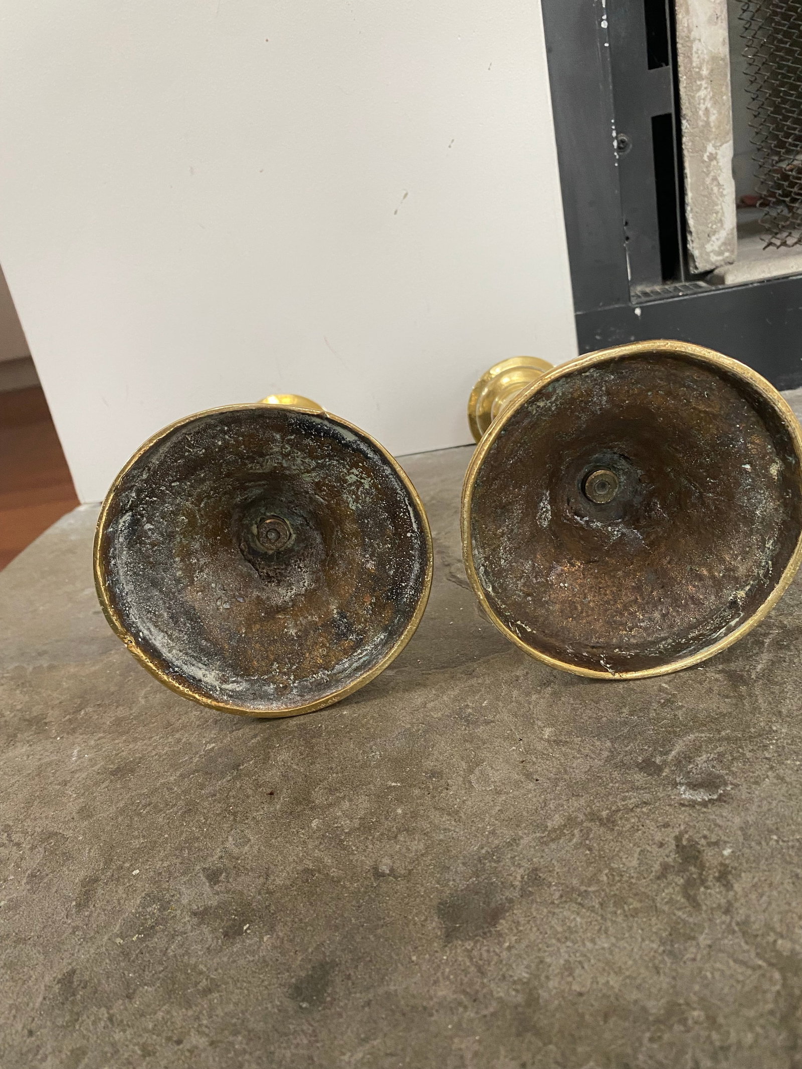 Pair French 19th Century Candlesticks Solid Brass Early Round Baluster Stems Candle Holders - 6