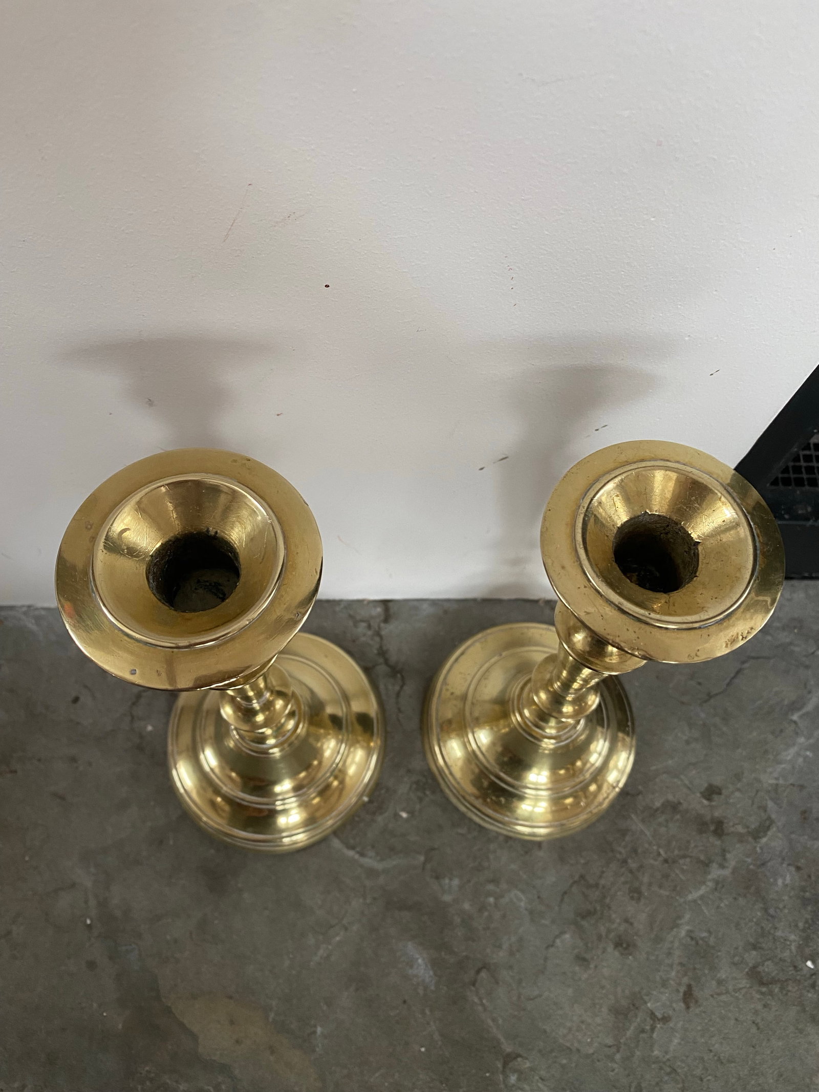 Pair French 19th Century Candlesticks Solid Brass Early Round Baluster Stems Candle Holders - 9