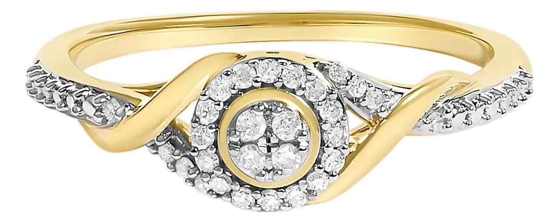 10K Yellow Gold 1/10 Cttw Diamond Swirl and Halo Promise Ring (I-J Color, I3 Clarity) - Size 7: Envelop your promise in the celestial sparkle of this 10K yellow gold ring, where elegance swirls into a symphony of light and luxury. The artful design features a luminous halo of natural diamonds,