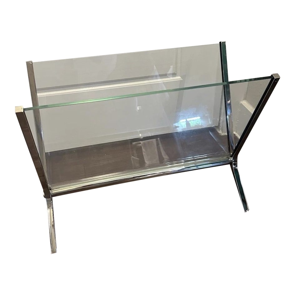 Vintage Milo Baughman Style Magazine Holder Glass & Chrome Mid Century Modern: very large for xl magazines Condition: Alterations: Original Condition Unaltered Imperfections: Some Imperfections Condition Notes: almost like new Origin: United States Creator: Styled After: Milo