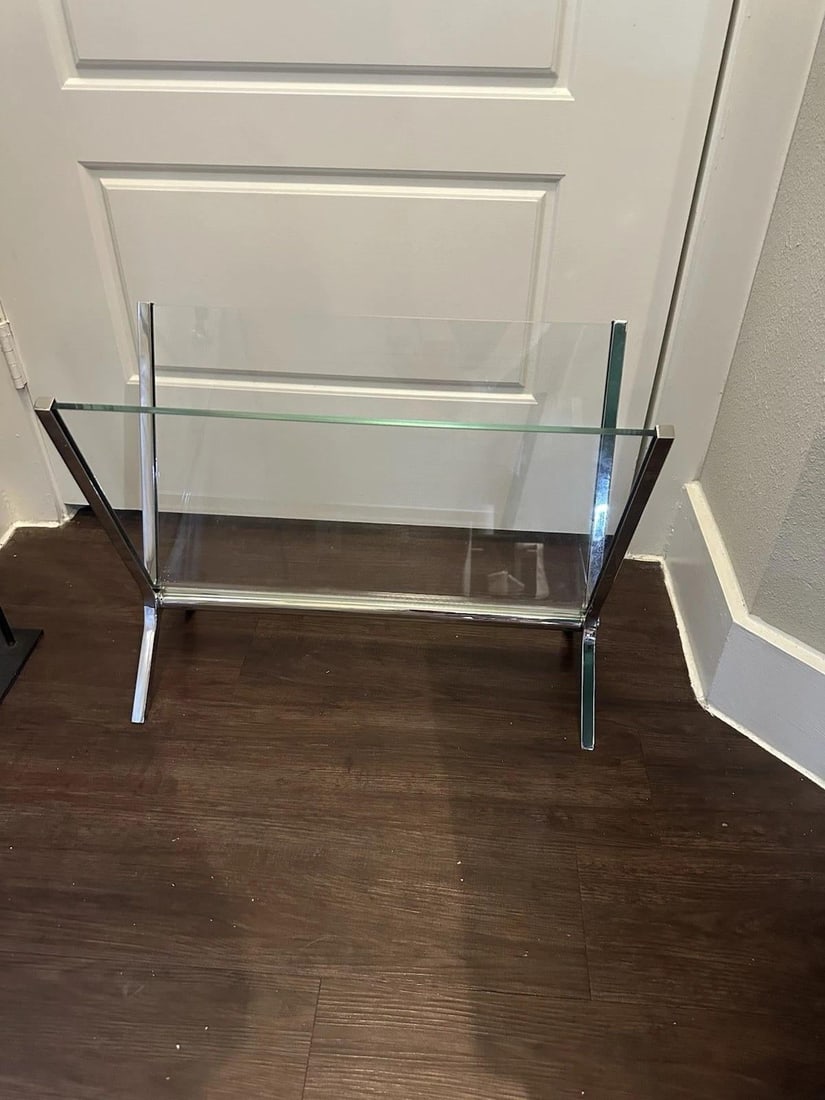 Vintage Milo Baughman Style Magazine Holder Glass & Chrome Mid Century Modern - 2