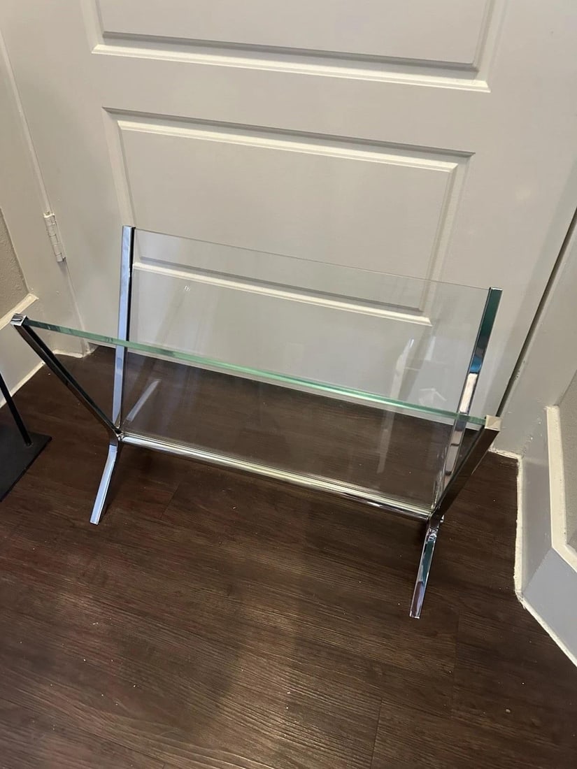 Vintage Milo Baughman Style Magazine Holder Glass & Chrome Mid Century Modern - 4