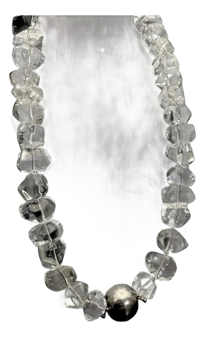 Gemstone Necklace Outstanding Large Chunky Polished Rock Crystal, Thick Round Sterling Silver Clasp: Incredibly clear rock crystal clear quartz . The item is 19" long. It has a large sterling clasp, and a single large sterling bead at the base. Each stone is on average 18.51mm. wide. Hung chunks of