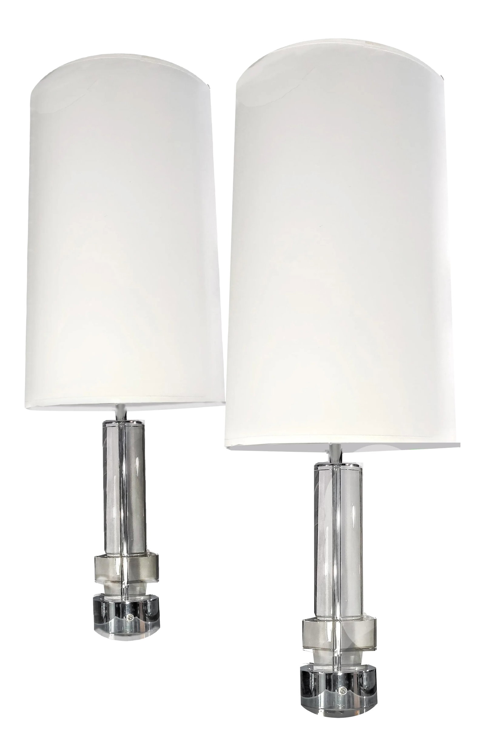 Postmodern Glass & Chrome Column Table Lamps With White Jumbo Drum Lampshades- a Pair (1 of 8)