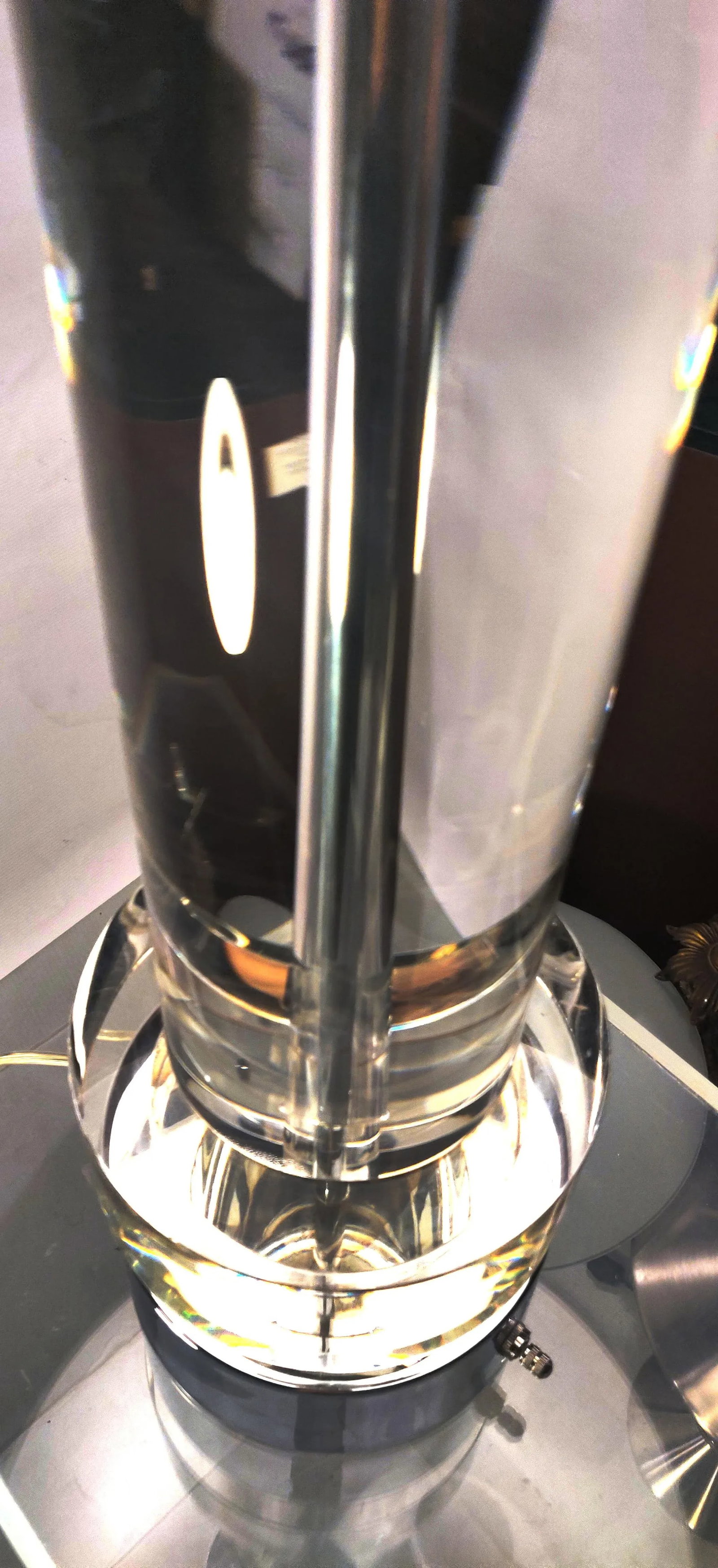 Postmodern Glass & Chrome Column Table Lamps With White Jumbo Drum Lampshades- a Pair - 5
