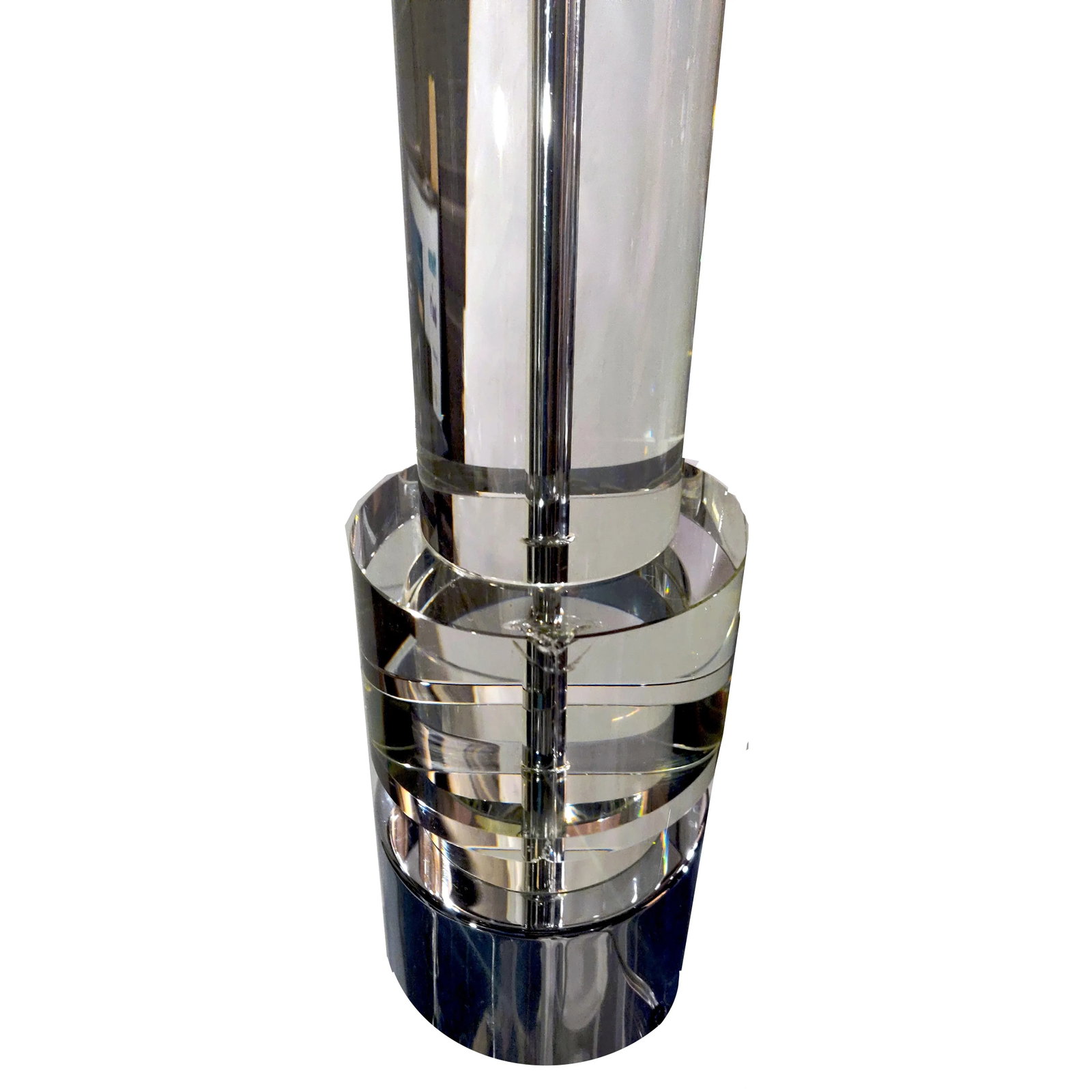 Postmodern Glass & Chrome Column Table Lamps With White Jumbo Drum Lampshades- a Pair - 6