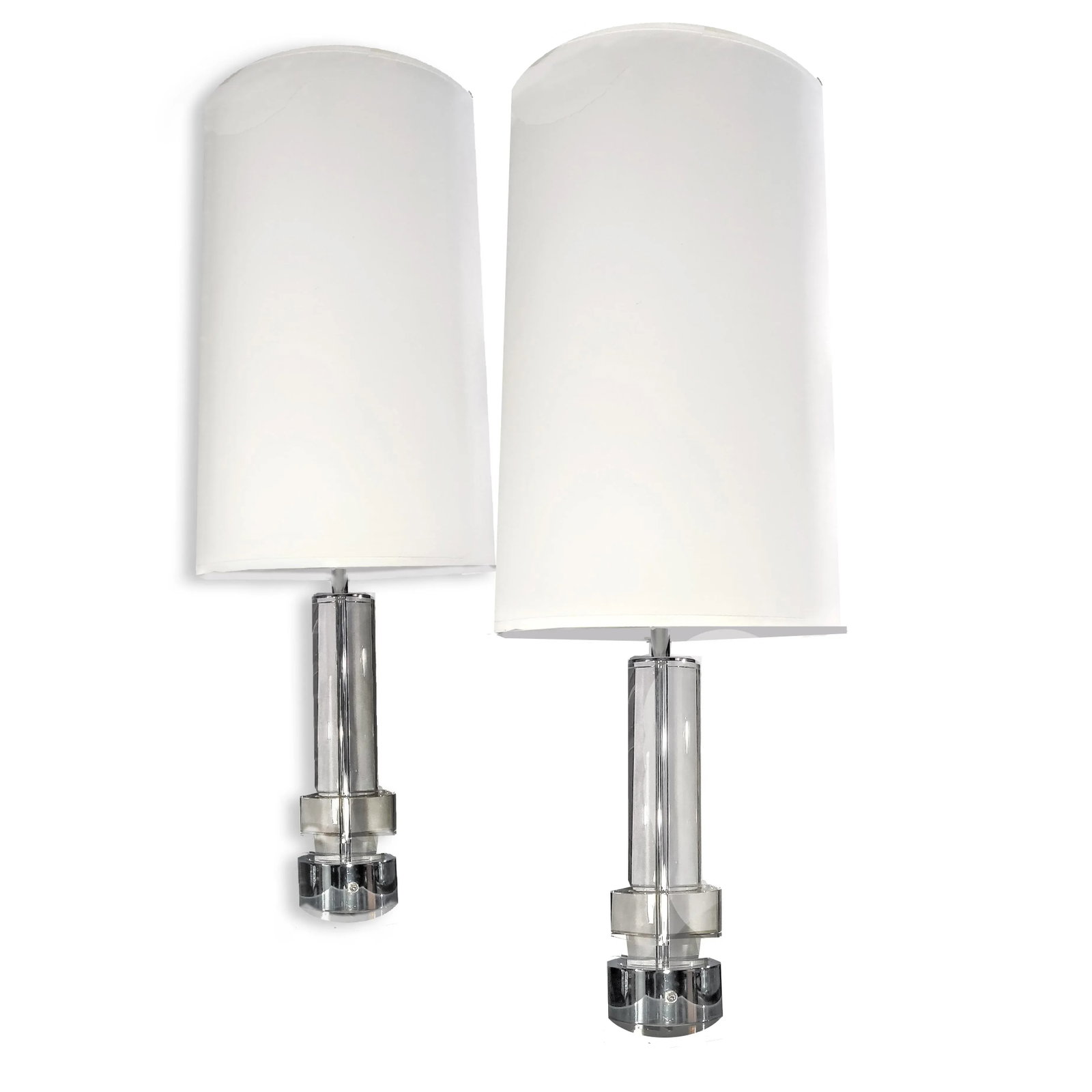 Postmodern Glass & Chrome Column Table Lamps With White Jumbo Drum Lampshades- a Pair - 8