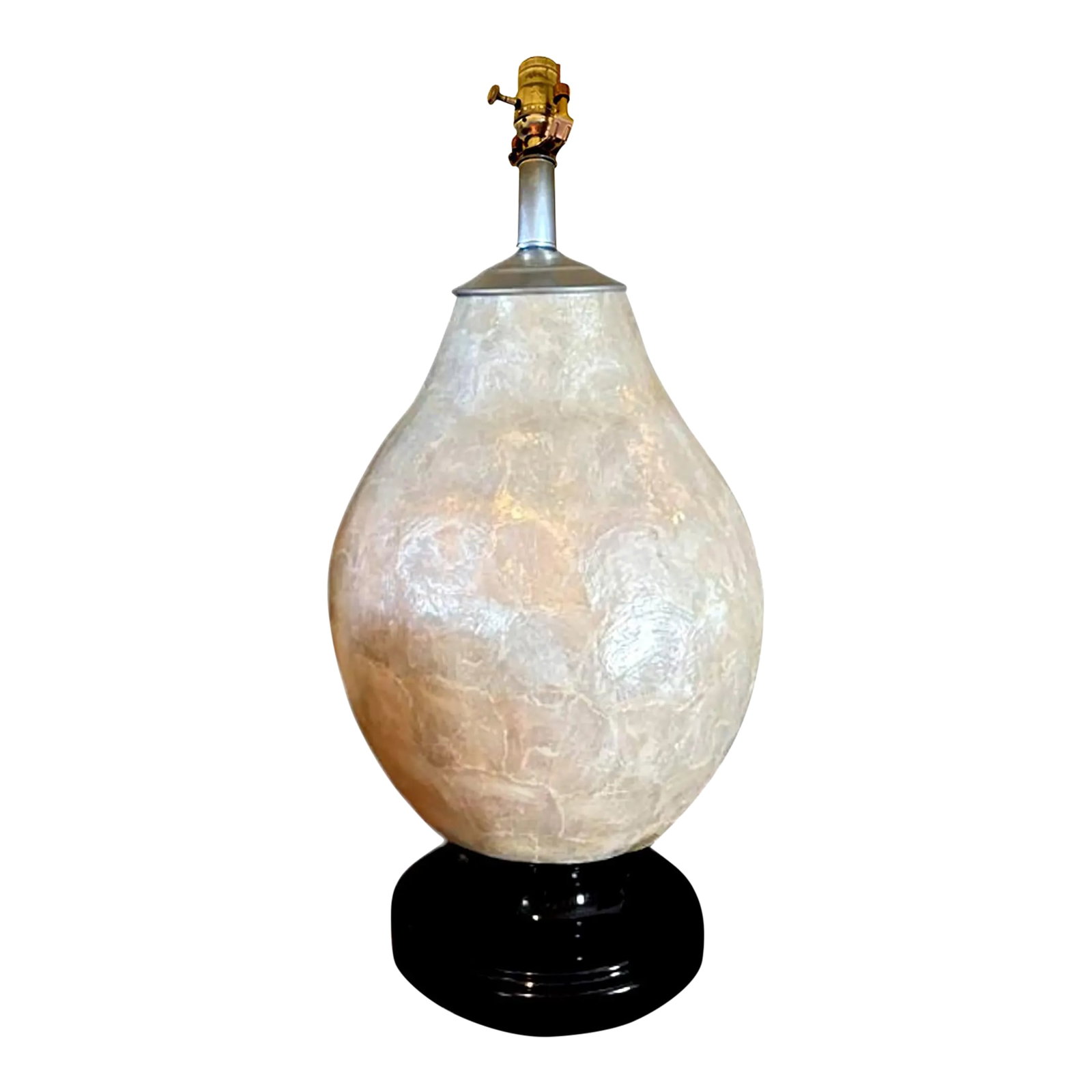 Mid-Century 70s Vintage Capiz Shell Table Lamp With Black Wood Puddle Base: A beautiful vintage mid-century pear proportioned aka tear drop shaped iridescent layered Capiz shell lamp with black circular puddled wood base. Made in the 1970's, at which time Capiz lamps were