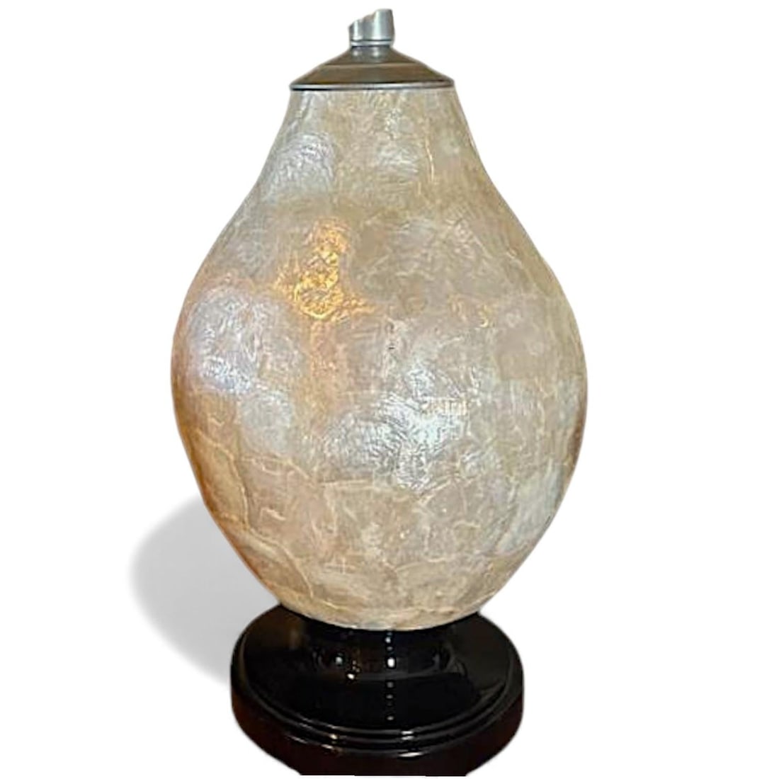 Mid-Century 70s Vintage Capiz Shell Table Lamp With Black Wood Puddle Base - 2