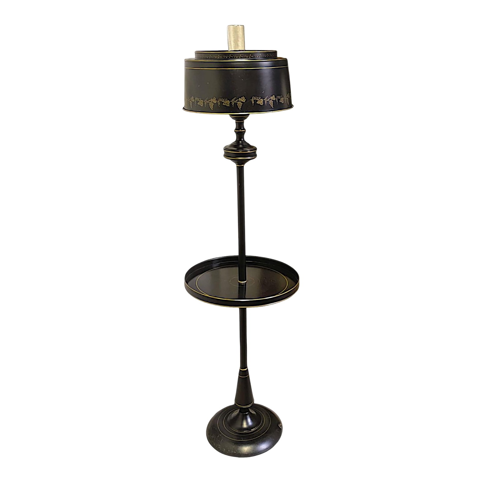 Vintage French Empire Bouillotte Black Tole Floor Lamp With Metal Shade Drinks Table: Mid-century black tabled floor lamp has a galleried tole shade with gold toned highlights. It is 1980s quality fine reproduction inspired by French Empire Toleware. it has victorian influence that
