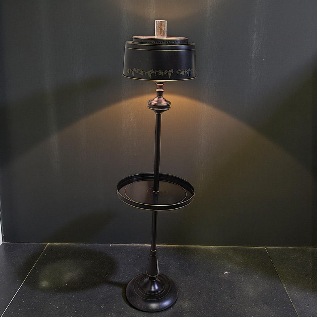 Vintage French Empire Bouillotte Black Tole Floor Lamp With Metal Shade Drinks Table - 2