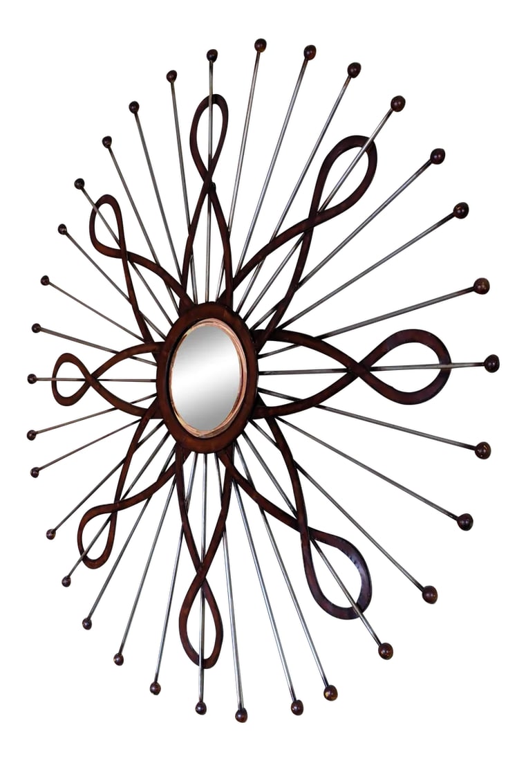 Mid-Century Jere Inspired Sunburst Metal Wall Sculpture: HUGE, One-of-a-kind and commanding. Rubbed Bronze metal wall sculpture done in beautiful earthy colors and sunset bronze undertones. Accented with a gorgeous mirrored center. Think Curtis Jere . . .