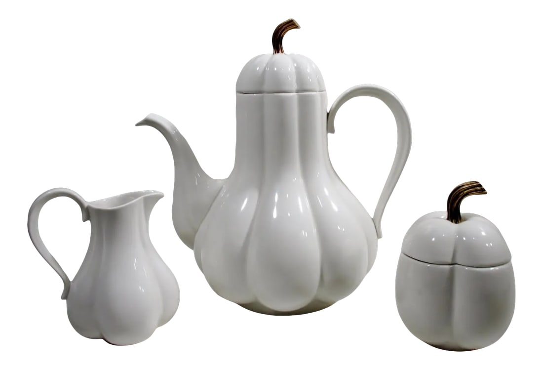 1960s Ernest Sohn Creations China Gourd Coffee Service - 3 Piece: Beautiful and scarce Ernest Sohn China gourd form three piece coffee serving set. A 12" tall, 11.5 from handle to spout, and 8" wide large coffee pot with 6" tall creamer pitcher and 6" tall sugar