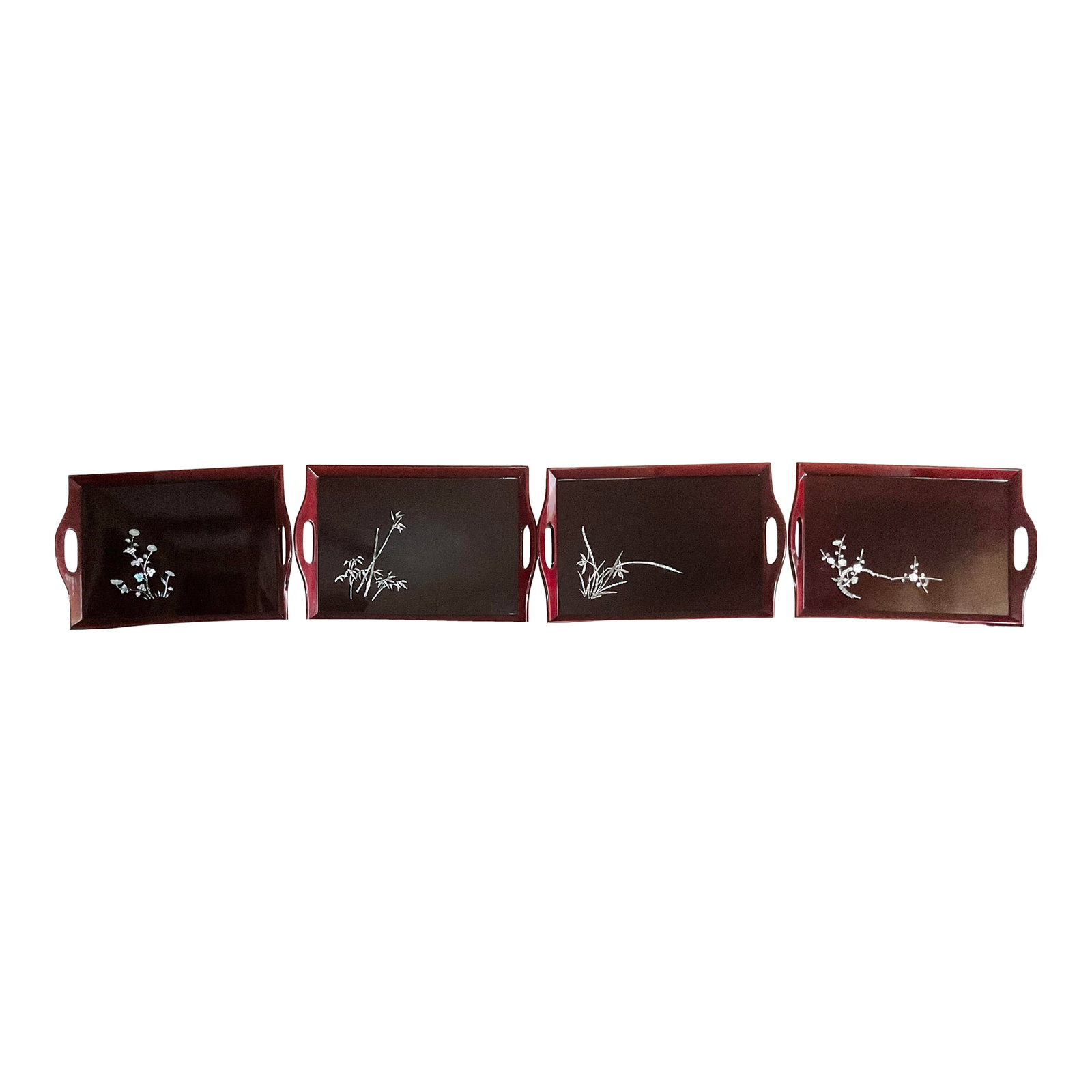 Vintage Trays With the Four Gentlemanly Plants: This is Vintage Trays with the Four Gentlemanly Plants. All four trays are a set. They are lacquer painted on good quality wood with mother-of-pearl plants' decoration on them. These four plants (cher