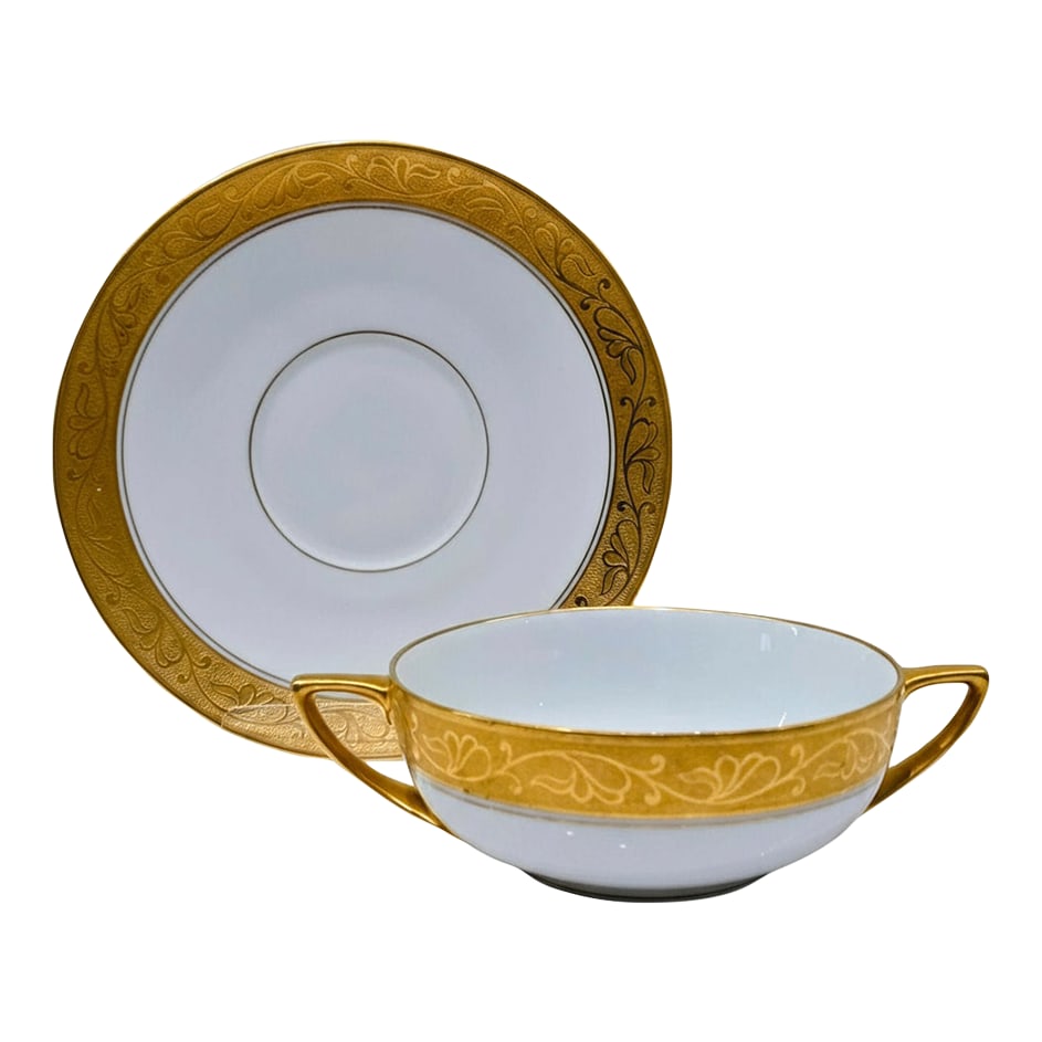 Thomas Bavaria Pickard 24k Gold Tea Set - 19 Pieces, 7 Cups & Saucers: Elevate your table setting with this stunning antique porcelain set by Thomas Bavaria, hand-decorated by Pickard with genuine 24K gold. The collection features 7 double-handled tea or coffee cups and 