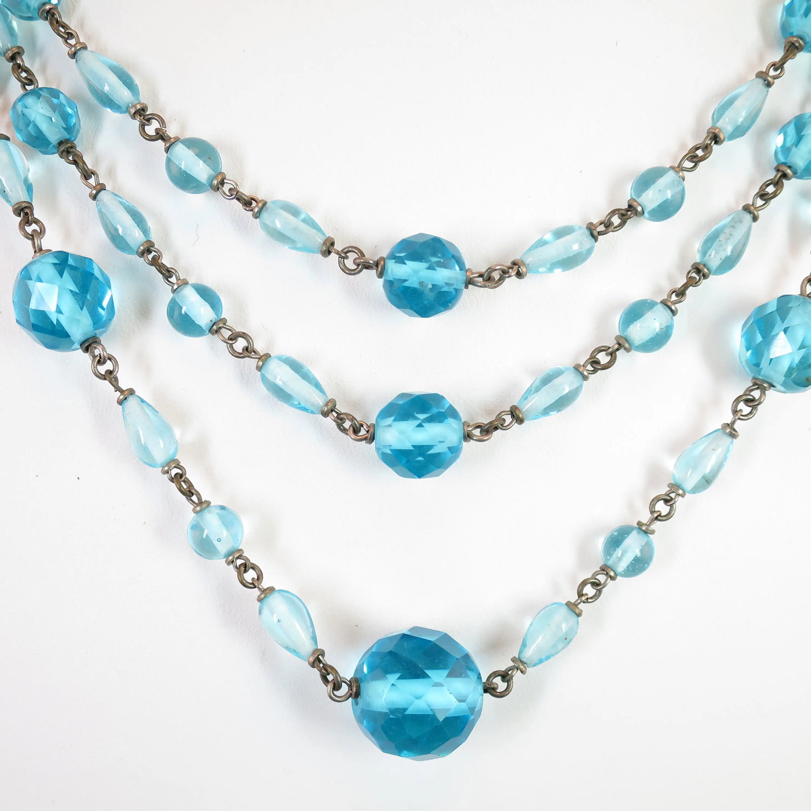 Antique Edwardian Aqua Crystal Draping Beaded Necklace 1910s - 2