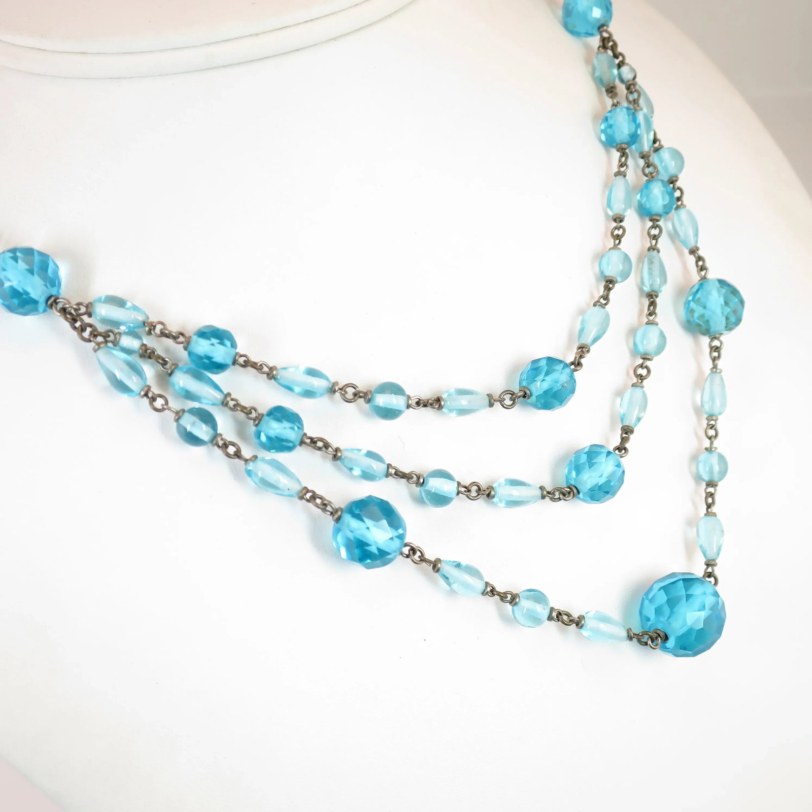 Antique Edwardian Aqua Crystal Draping Beaded Necklace 1910s - 3