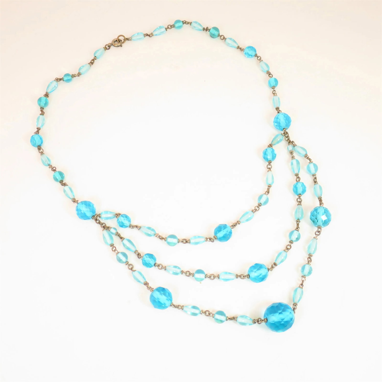 Antique Edwardian Aqua Crystal Draping Beaded Necklace 1910s - 4
