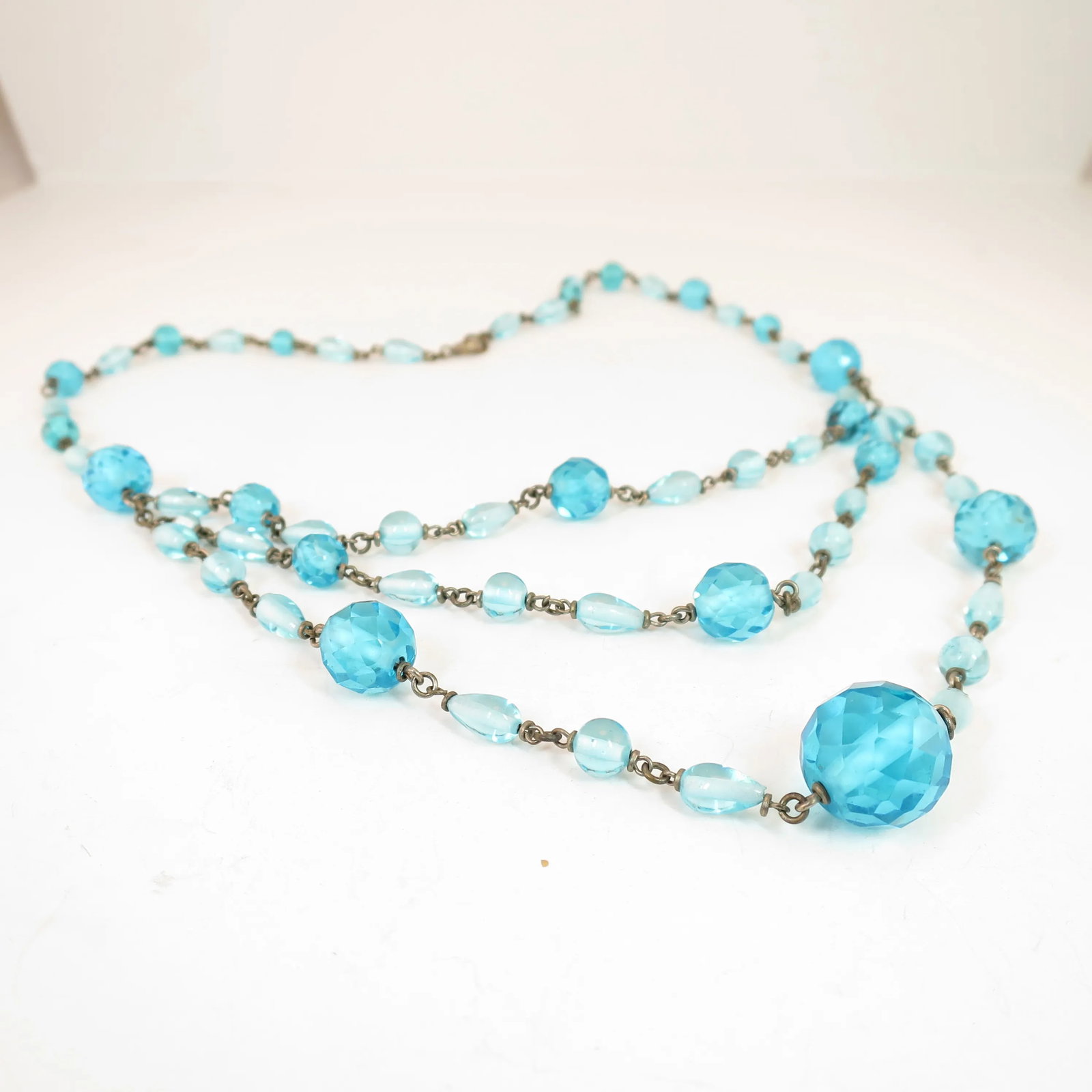 Antique Edwardian Aqua Crystal Draping Beaded Necklace 1910s - 7