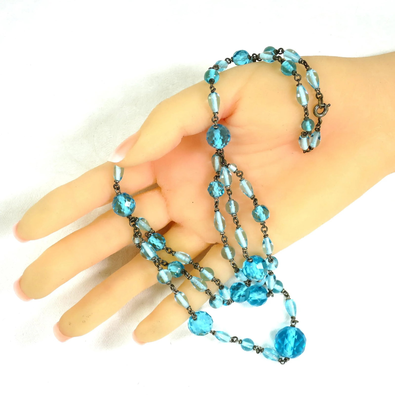 Antique Edwardian Aqua Crystal Draping Beaded Necklace 1910s - 8