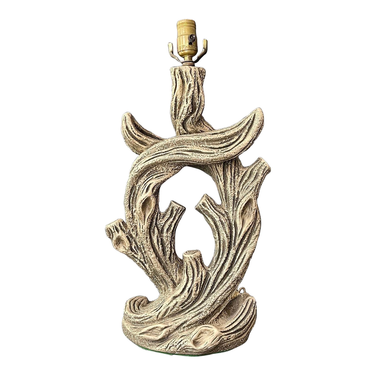 Mid Century Faux Bois Chalkware Table Lamp: Wonderful chalkware plaster vintage lamp presented in the shape of drift wood curled and angled upward. Soft cream with chocolate brown accents in the grain of the wood. Fun piece to add to a cabin