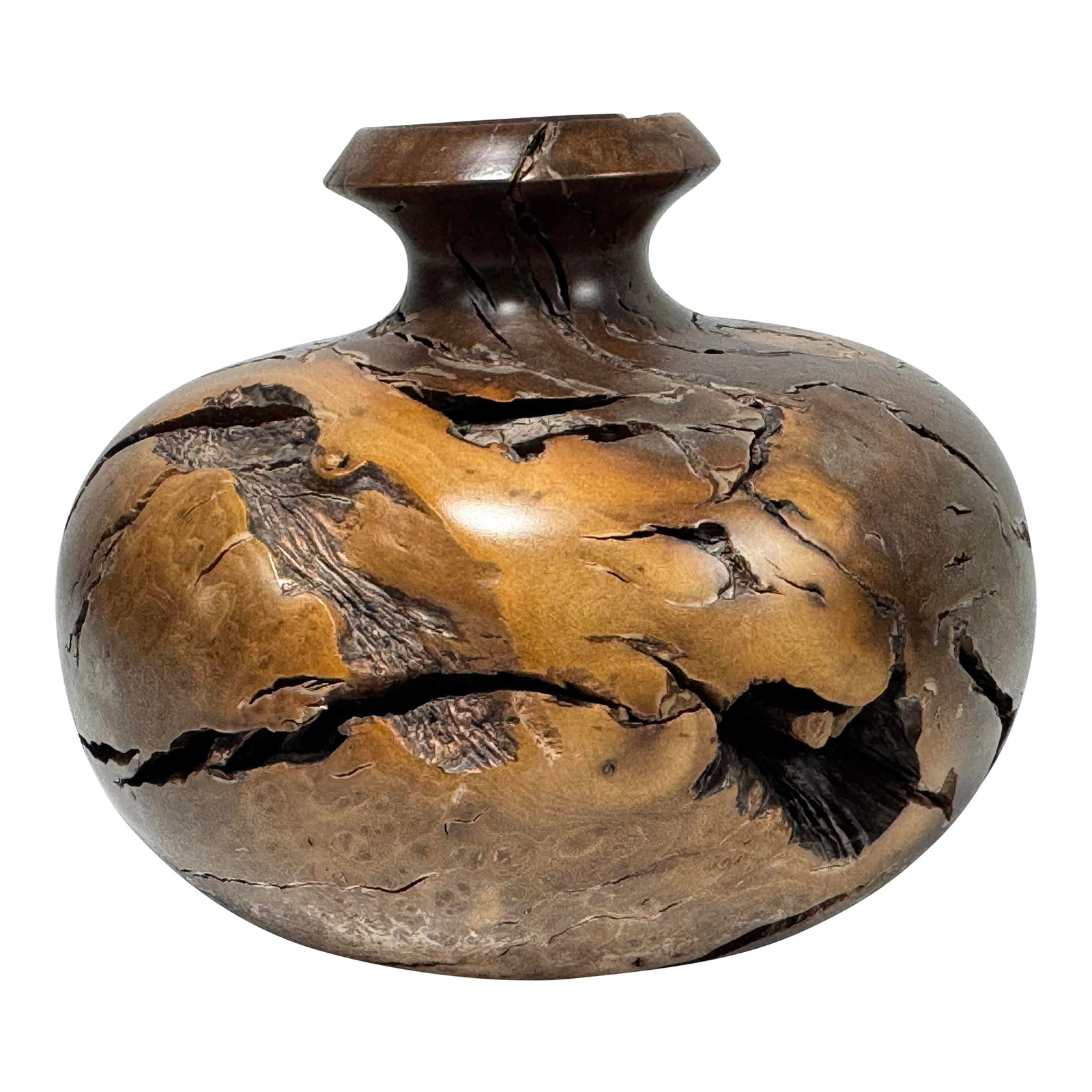 Mid Century Modern Hand Crafted Rustic Burl Wood Bud Vase.: Beautiful hand crafted Mid Century Modern Burl Wood bud vase. Amazing grain and fissures throughout. Condition: Alterations: Original Condition Unaltered Imperfections: Some Imperfections Condition No