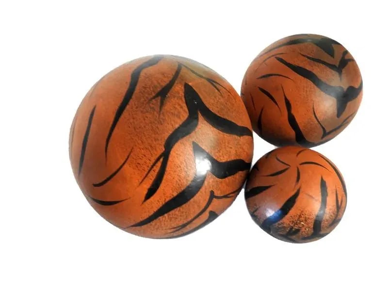 1980s Hand Painted Large Fired Clay Orbs With Tiger Print - Set of 3 - 6