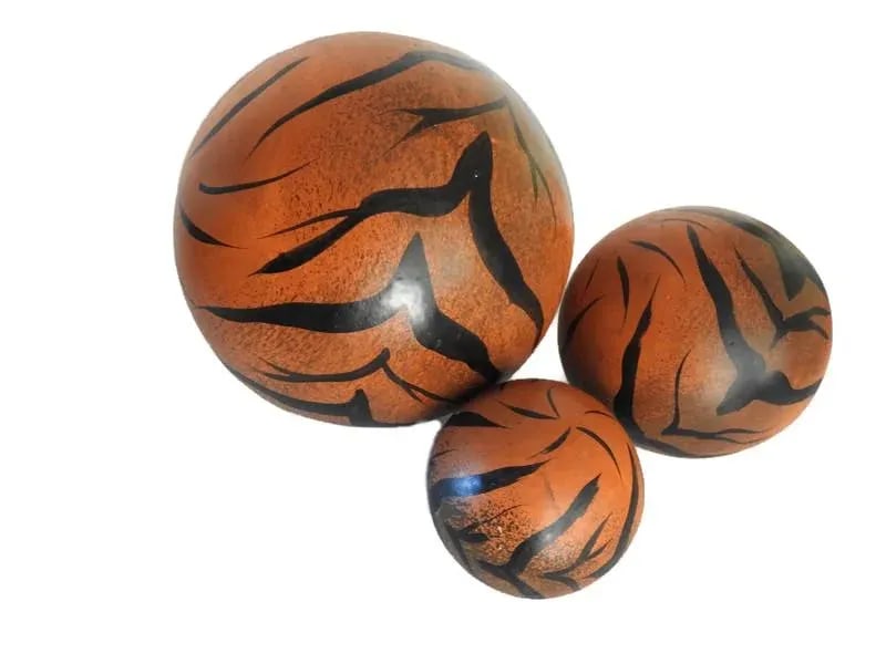 1980s Hand Painted Large Fired Clay Orbs With Tiger Print - Set of 3 - 7