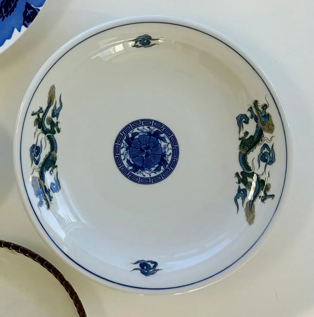 Olive and Navy Blue Chinoiserie Flowers and Borders Wall Plate Curation-Set of 9 - 11