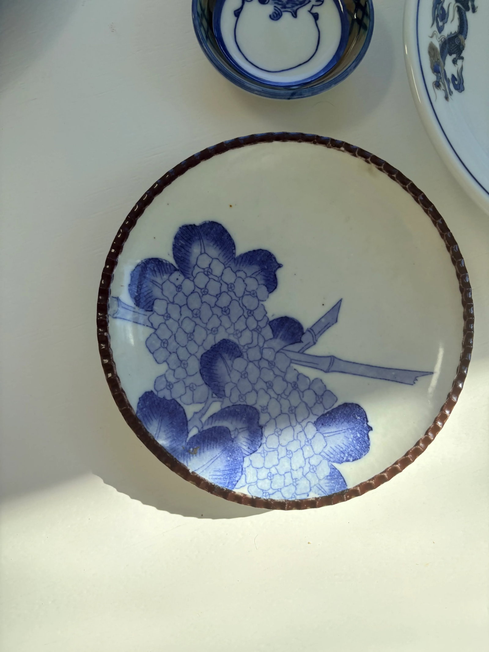 Olive and Navy Blue Chinoiserie Flowers and Borders Wall Plate Curation-Set of 9 - 12