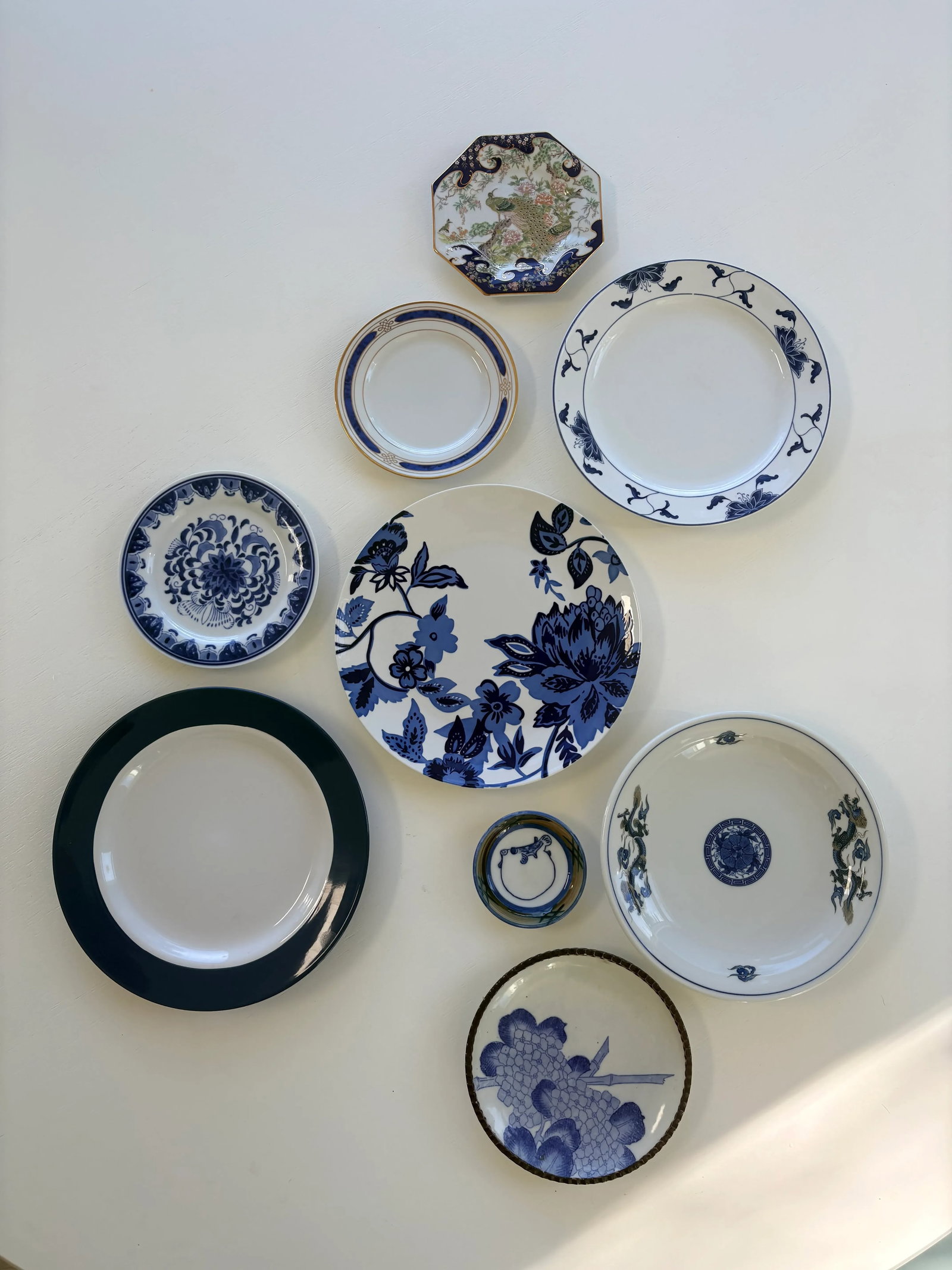 Olive and Navy Blue Chinoiserie Flowers and Borders Wall Plate Curation-Set of 9 - 13