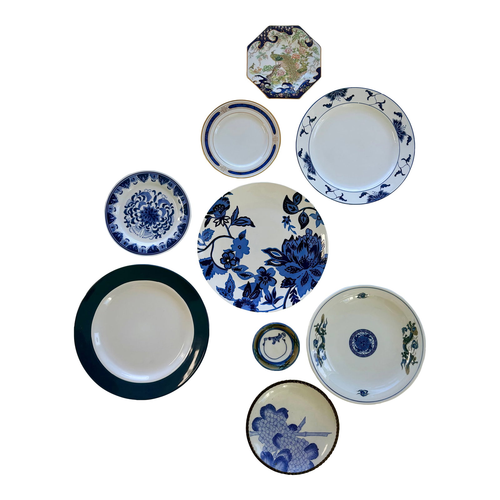 Olive and Navy Blue Chinoiserie Flowers and Borders Wall Plate Curation-Set of 9: Pops of olive green give the classic navy blue and white color scheme of this decorative plate couration a fresh twist. Chinoiserie themed flowers and graphic borders unify the artwork in this visuall