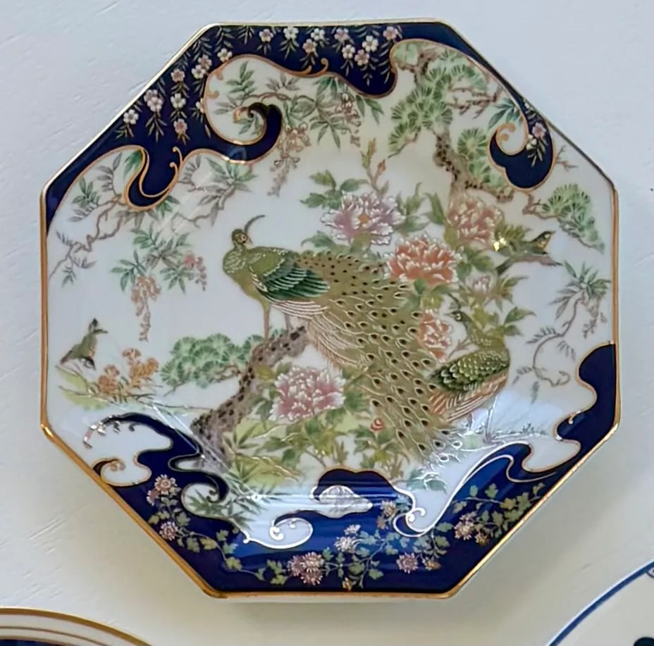 Olive and Navy Blue Chinoiserie Flowers and Borders Wall Plate Curation-Set of 9 - 3