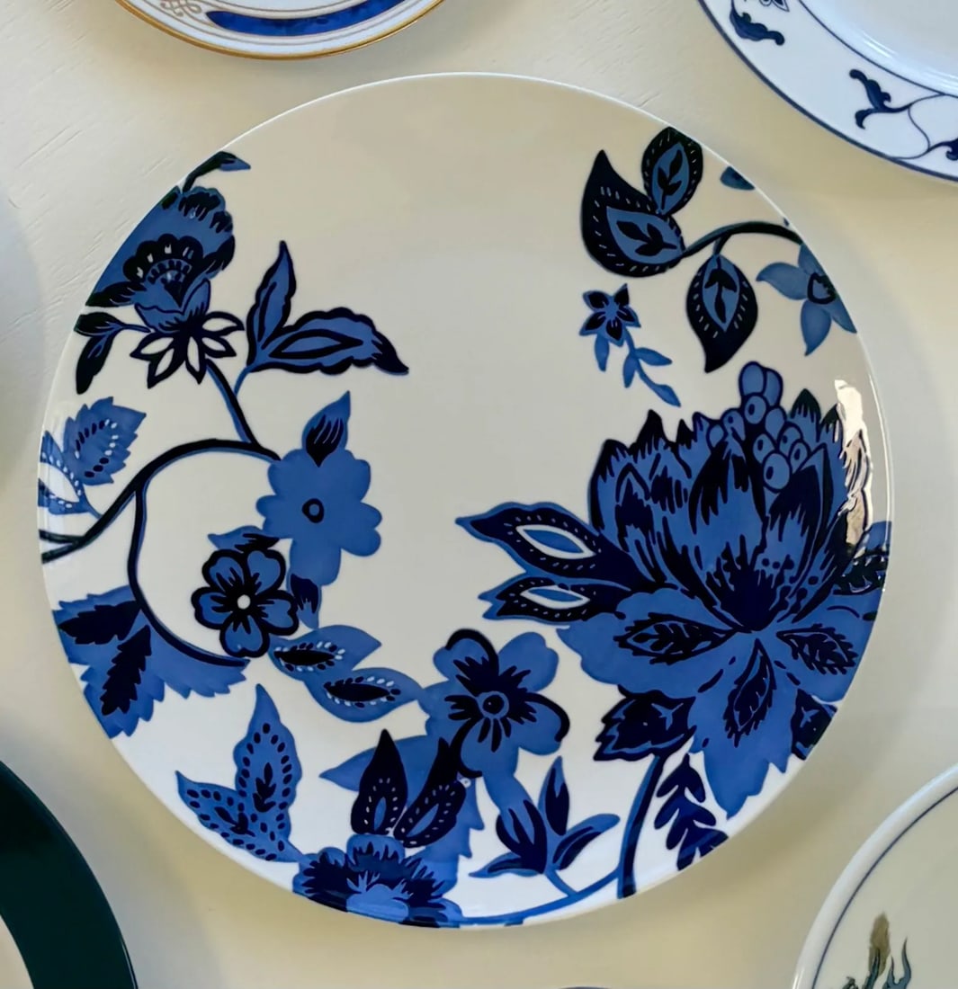 Olive and Navy Blue Chinoiserie Flowers and Borders Wall Plate Curation-Set of 9 - 8