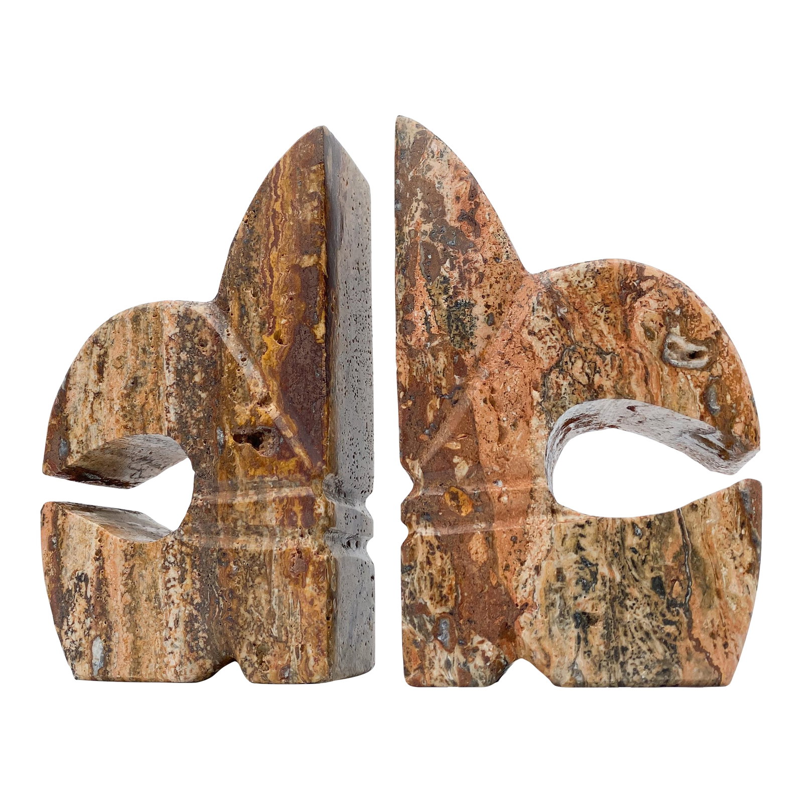 1960s Pair of Italian Marble Stone Fleur De Lis Bookends: Unique pair of marble bookends carved into an elegant fleur de lis shape. Made of heavy and high quality natural stone, these bookends are comprised of an interesting mix of red, pink, and brown
