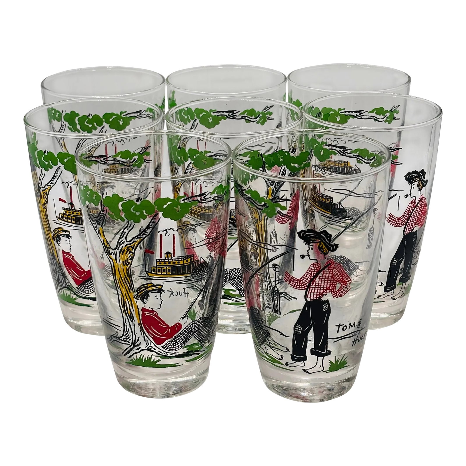 1950s Vintage Libbey Glass Co. Tom & Huck Finn Drinking Glasses - Set of 8: This set of 8 vintage Libbey Glass Co. Tom & Huck Finn drinking glasses from the 1950s features a rare pattern with vibrant multi-color hues. Made of pressed glass with a glossy finish, these tumblers