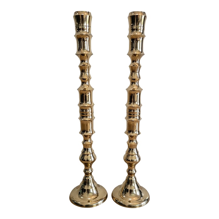 Pair of Vintage Brass Altar Candlesticks - Bamboo Style: Elevate your space with this stately pair of vintage brass altar candlesticks, crafted in an eye-catching bamboo motif. Traditionally used for altar or ceremonial settings, these candlesticks feature