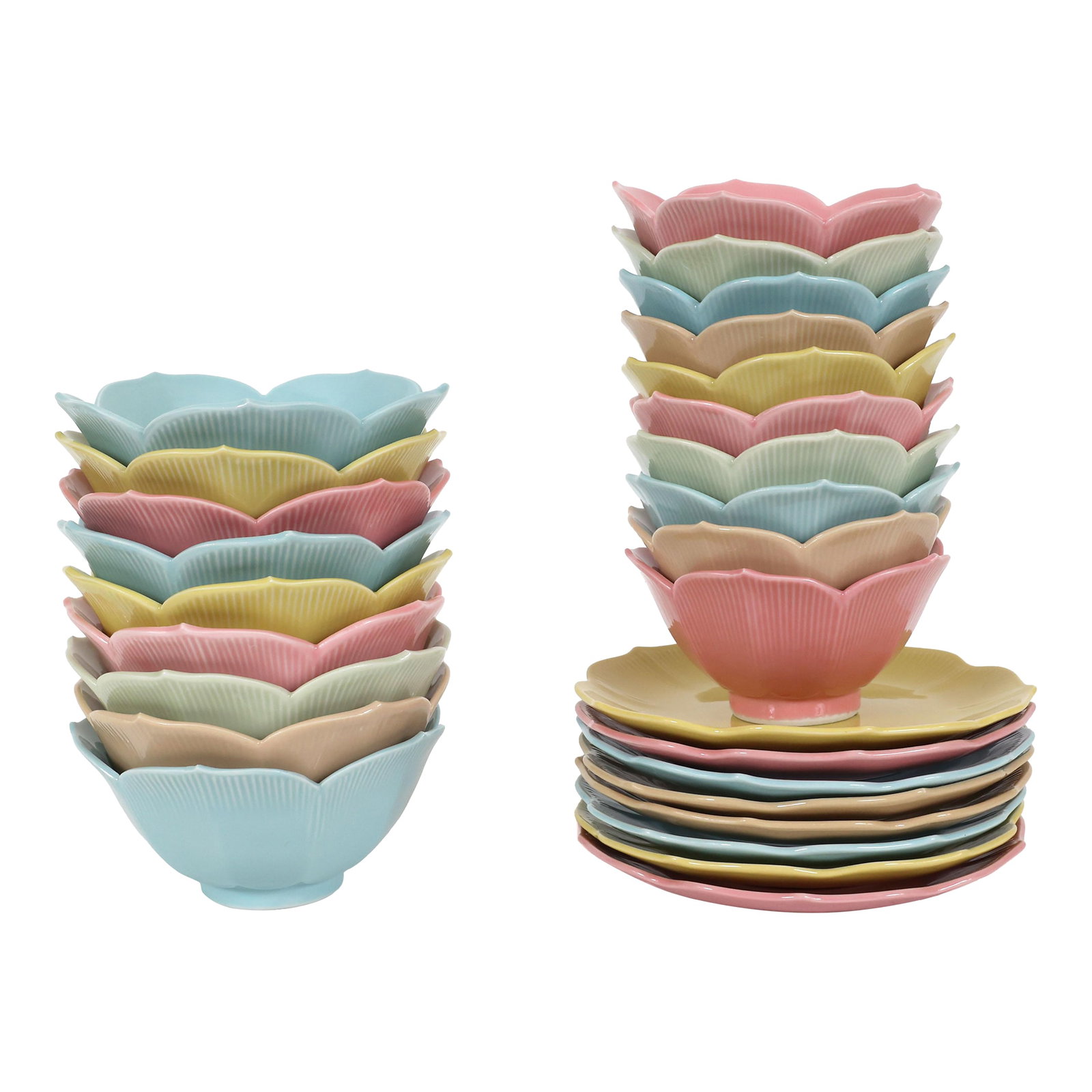 Mid Century Modern Lotus Plates and Bowls in Pastel Colors - Set of 27 (1 of 14)