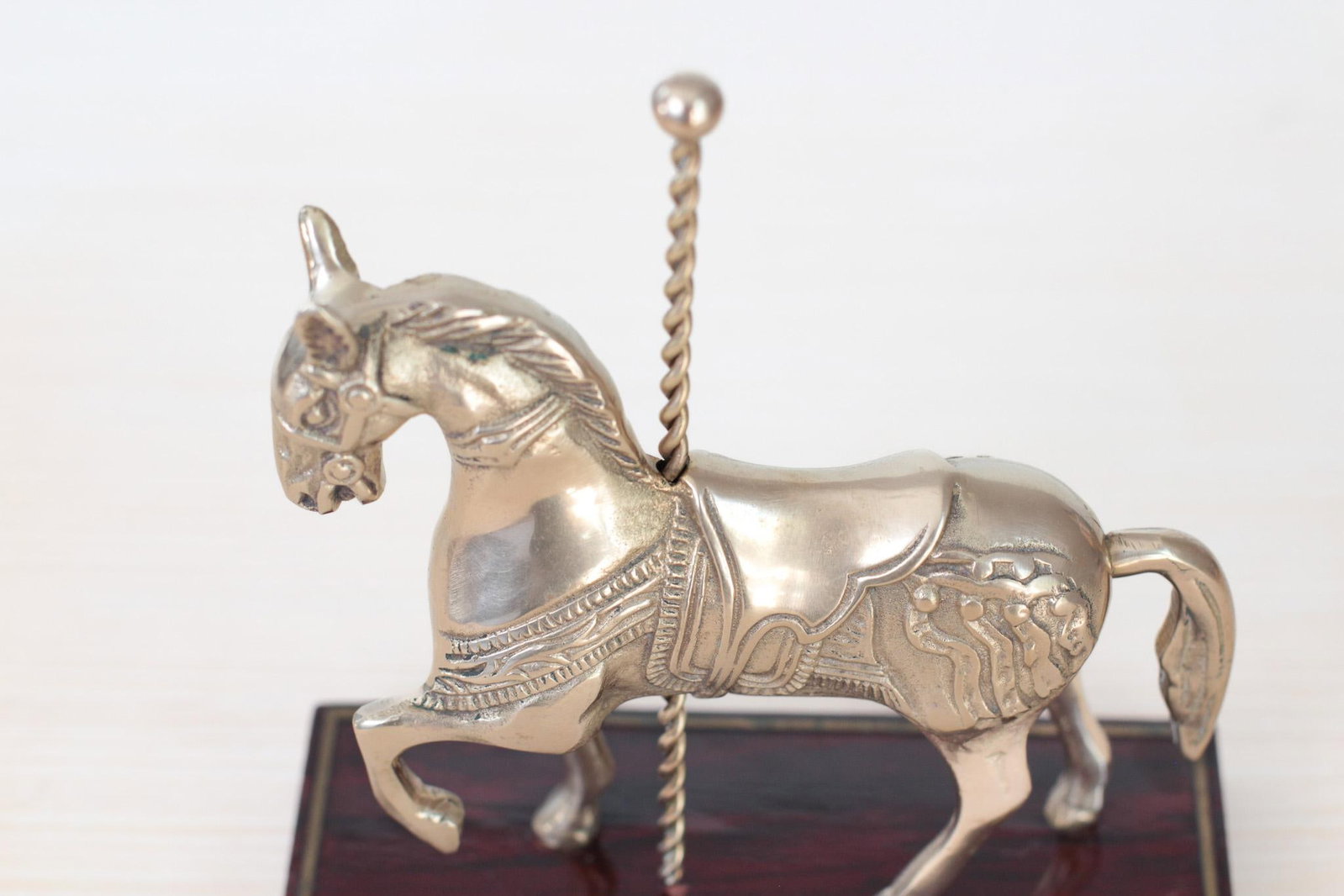 Mid-Century Brass Carousel Horse Figurine on Wood Base, Whimsical Home Decor - 11