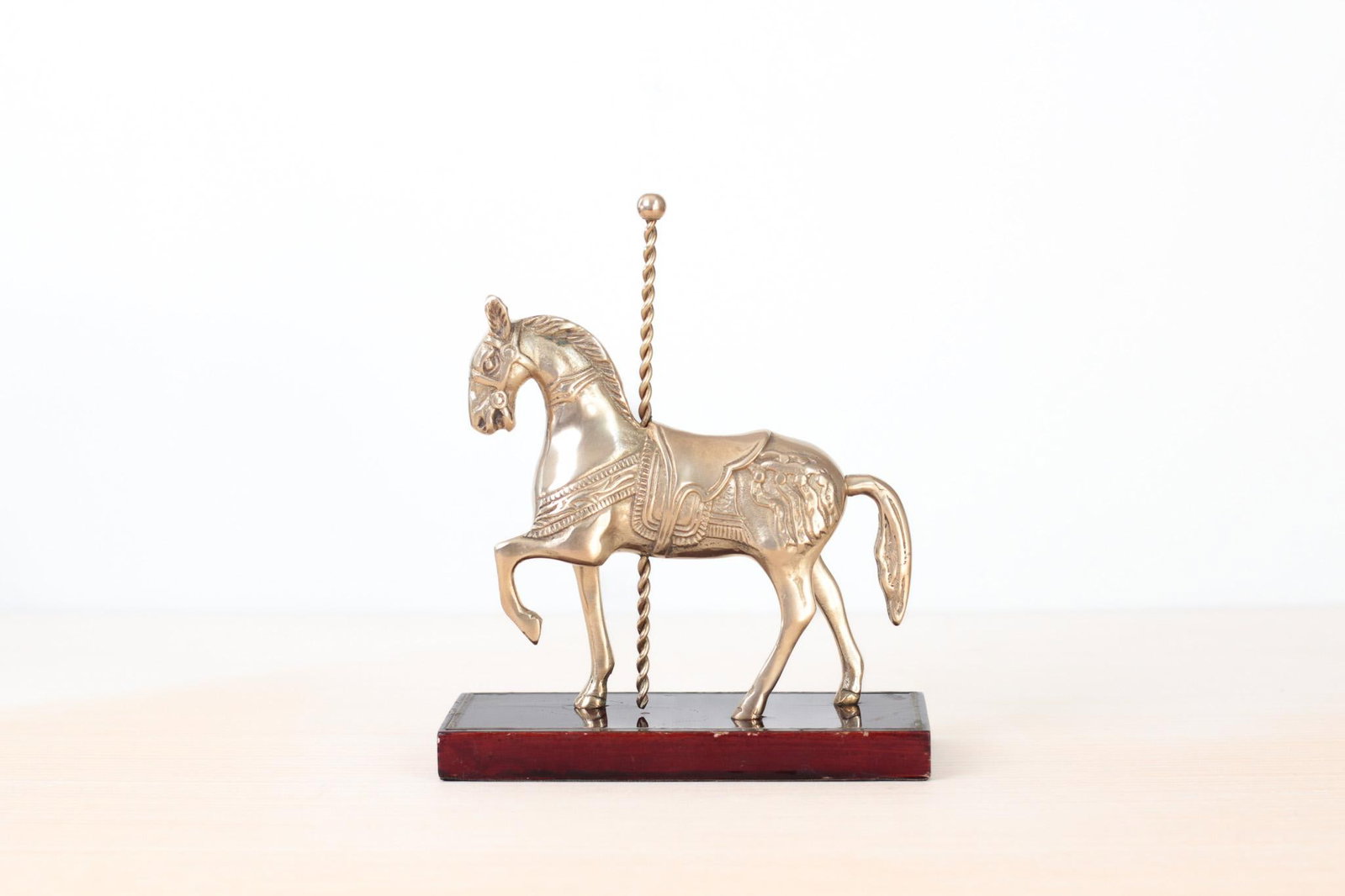 Mid-Century Brass Carousel Horse Figurine on Wood Base, Whimsical Home Decor - 2