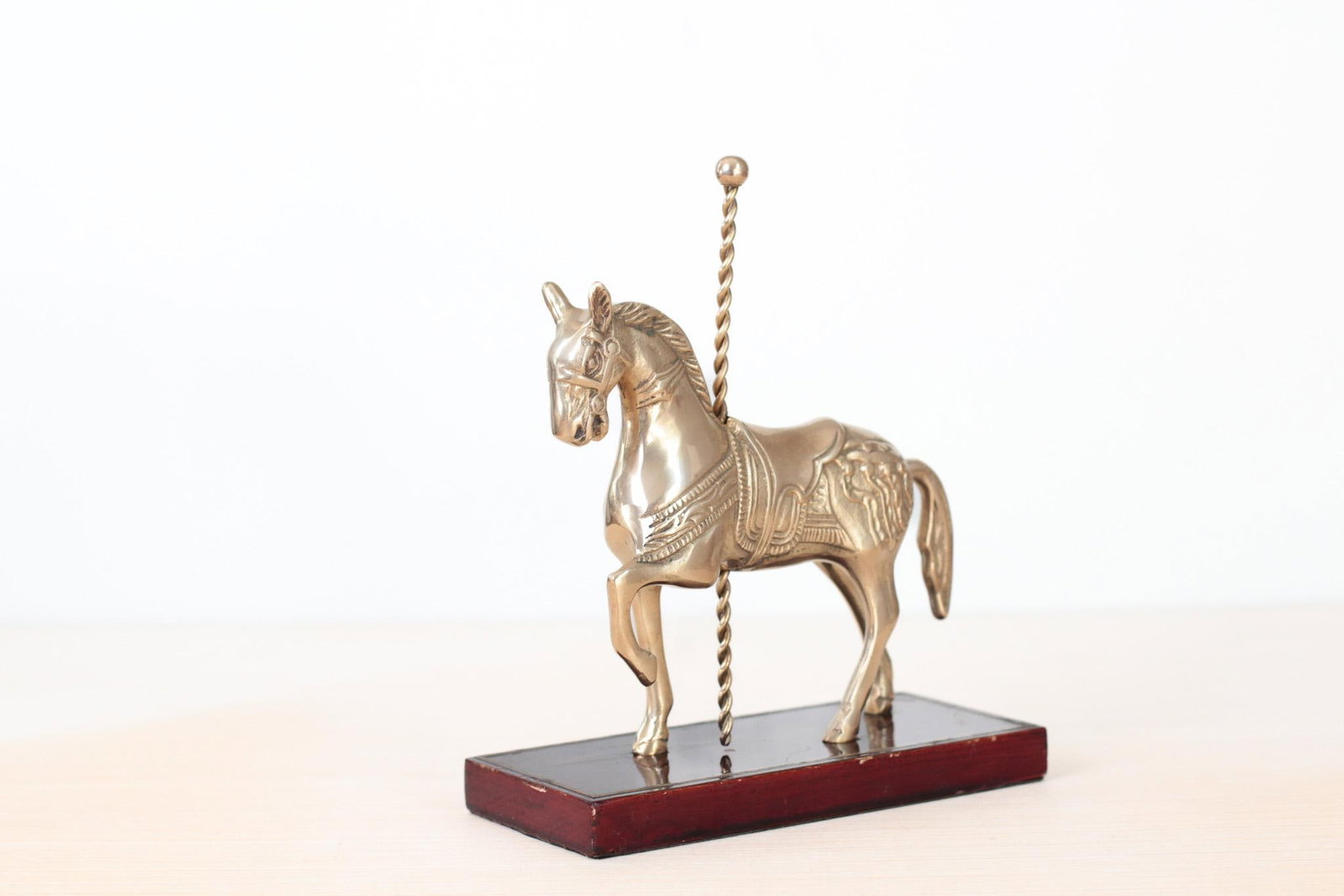 Mid-Century Brass Carousel Horse Figurine on Wood Base, Whimsical Home Decor - 3