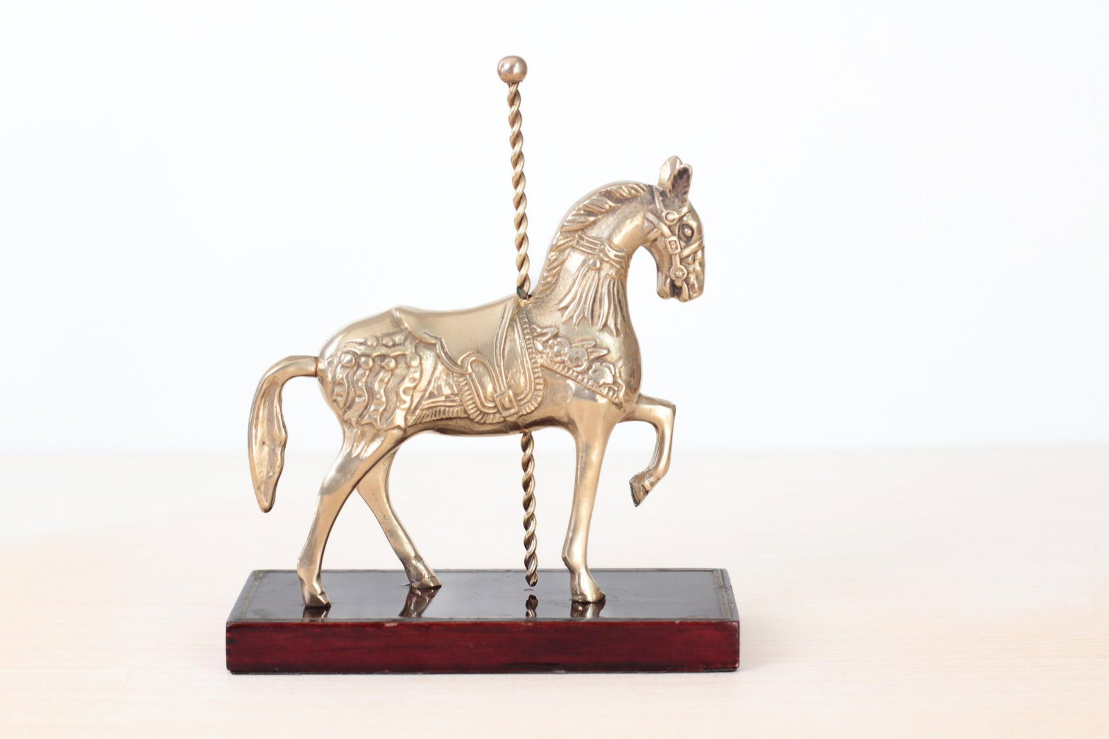 Mid-Century Brass Carousel Horse Figurine on Wood Base, Whimsical Home Decor - 7