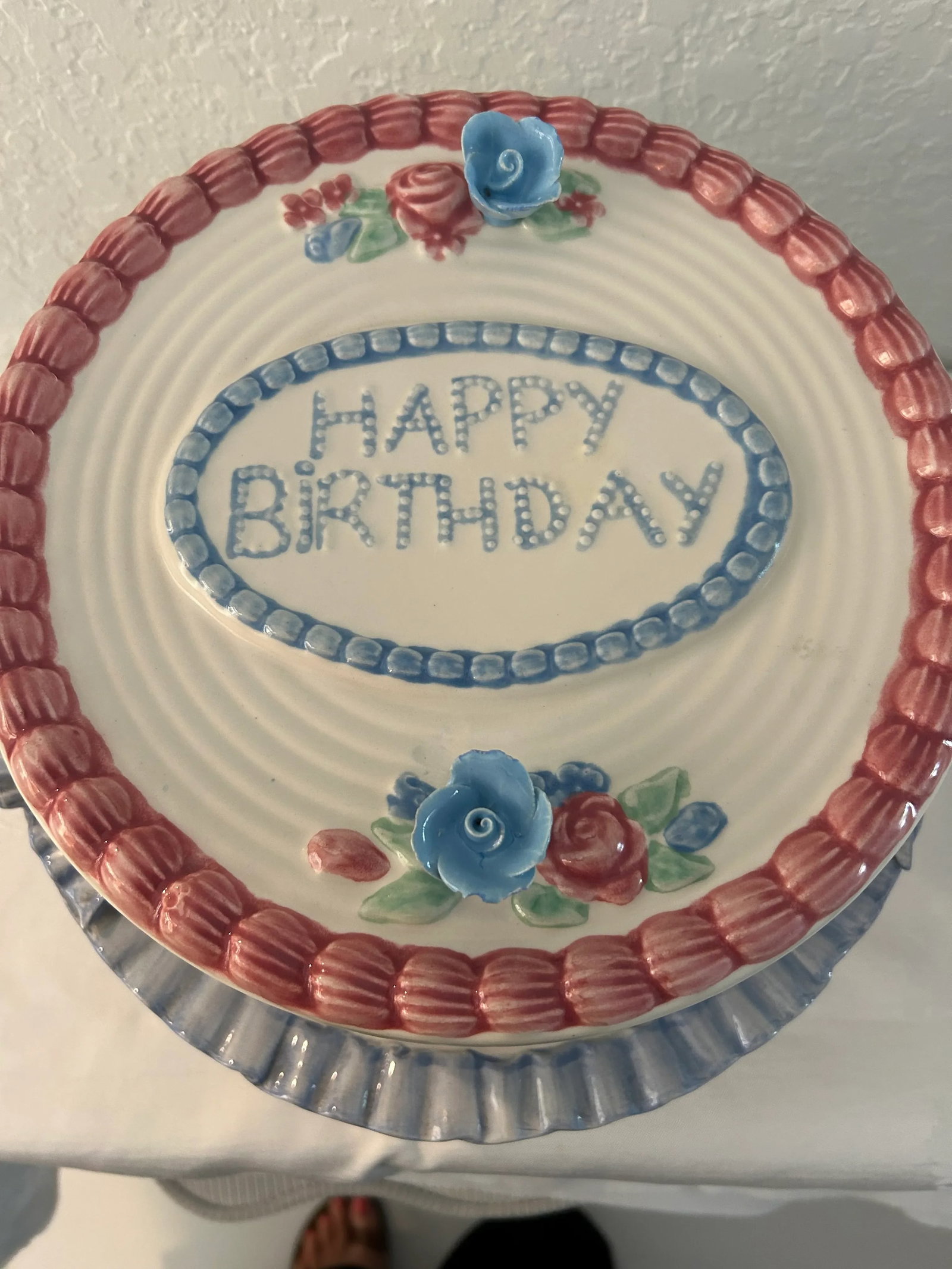 Vintage Traditional Ceramic "Happy Birthday" Domed Pedestal Cake Plate - 2